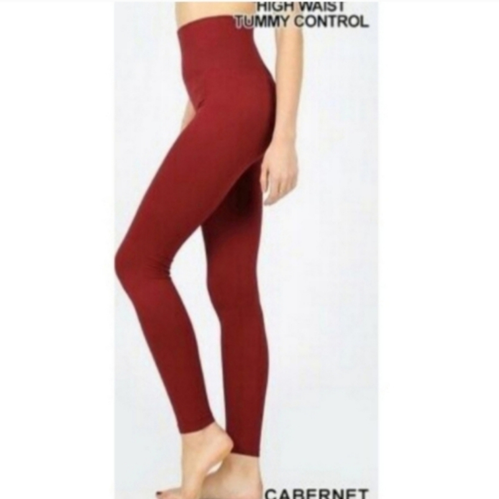Zenana Outfitters High Waist Tummy Control Leggings Cabernet Red